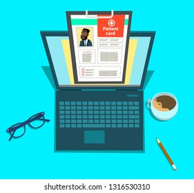 Laptop with medical clipboard. Patient card concept. Vector illustration in cartoon style.