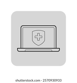 Laptop with medical shield line icon. Shield sign with cross on computer screen. Telemedicine, healthcare and modern technology concept. Vector illustration, symbol element for web design and apps