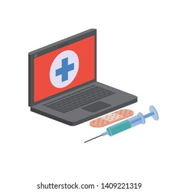 laptop with medicine drugs in white background