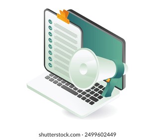 A laptop with a megaphone and a checklist on the screen