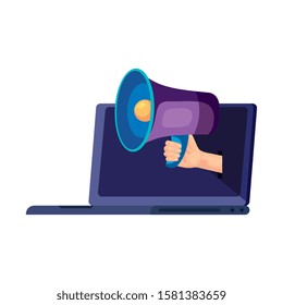Laptop and megaphone design, Digital technology communication social media internet web and wireless theme Vector illustration