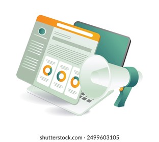 A laptop with a megaphone and a document, web account app
