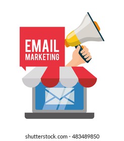 Laptop megaphone and envelope icon. Email marketing message communication and media theme. Colorful design. Vector illustration