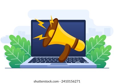 Laptop with megaphone flat illustration vector template, Marketing concept, Announcement, Online promotion