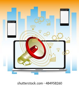 Laptop with a megaphone, future technology for living. Illustration of innovations and Internet 