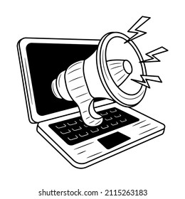 Laptop und Megaphon mit handgezeichneter doodaler Illustration