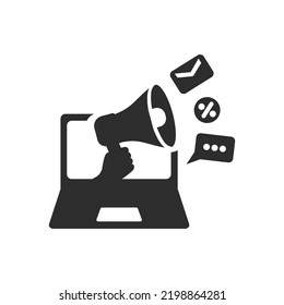 Laptop with megaphone icon. Monochrome black and white symbol
