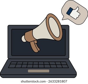 Laptop with megaphone and like icon