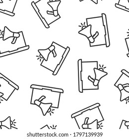 Laptop with megaphone speaker icon in flat style. Notebook bullhorn vector illustration on white isolated background. Computer subscribe seamless pattern business concept.