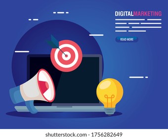 laptop with megaphone target adn light bulb design, Digital marketing and ecommerce theme Vector illustration