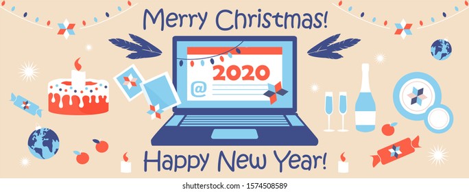 Laptop with Merry Christmas and Happy New Year email card, web page, facebook cover. Modern flat design graphic elements. Vector illustration, Xmas set. 