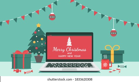 laptop with Merry Christmas and Happy New Year lettering on the screen and decorate with gifts, candy, Christmas tree and cup, flat vector illustration