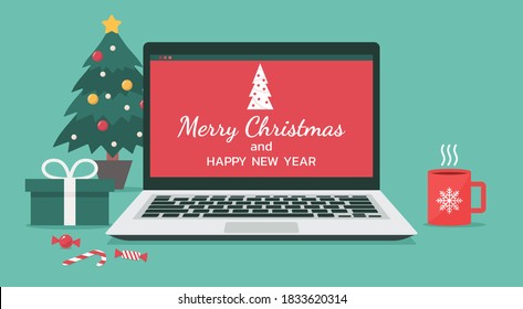 laptop with merry Christmas and happy new year lettering for online celebration holiday at home decorate with gifts, candy, cup, and Christmas tree, flat vector illustration