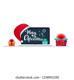 Laptop with Merry Christmas  lettering on the screen with bright gift boxes and santa's hat.  Christmas banner with greeting text. Flat style vector concept holiday illustration