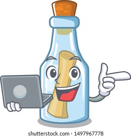 With laptop message in bottle isolated with cartoon