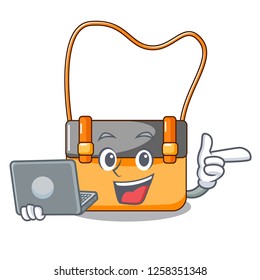 With laptop messenger bag on a isolated mascot