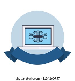 Laptop with microchip round emblem
