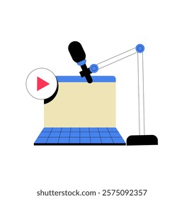 Laptop With Microphone In Flat Vector Illustration Symbolizing Podcasting, Online Content Creation, And Audio Production, Isolated On White Background.