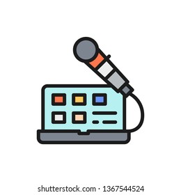 Laptop with microphone, sound recording, radio host, broadcasts flat color line icon.