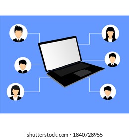 laptop in the middle of business men and women