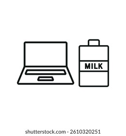Laptop and milk set icon represents calm productivity, healthy digital habits, and a cozy work atmosphere.
