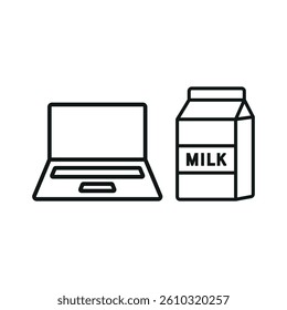 Laptop and milk set icon represents calm productivity, healthy digital habits, and a cozy work atmosphere.