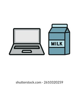 Laptop and milk set icon represents calm productivity, healthy digital habits, and a cozy work atmosphere.