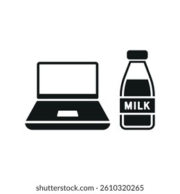 Laptop and milk set icon represents calm productivity, healthy digital habits, and a cozy work atmosphere.