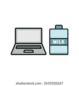 Laptop and milk set icon represents calm productivity, healthy digital habits, and a cozy work atmosphere.