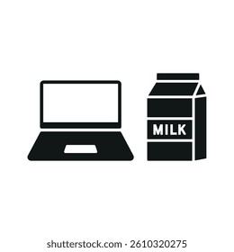 Laptop and milk set icon represents calm productivity, healthy digital habits, and a cozy work atmosphere.
