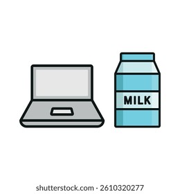 Laptop and milk set icon represents calm productivity, healthy digital habits, and a cozy work atmosphere.