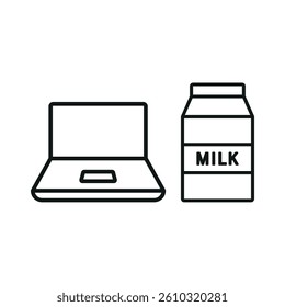 Laptop and milk set icon represents calm productivity, healthy digital habits, and a cozy work atmosphere.