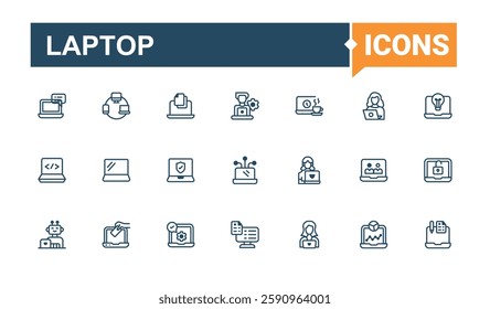 Laptop minimal icon set. Featuring simple, smart, art, desktop, keyboard, silhouette and more. Outline icon. Solid line editable vector illustration.