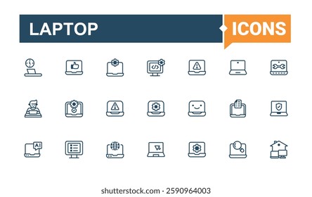 Laptop minimal icon set. Featuring simple, smart, art, desktop, keyboard, silhouette and more. Outline icon. Solid line editable vector illustration.