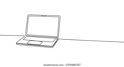 Laptop minimalist single continuous one line art style on white background for office work, education, learning, programming