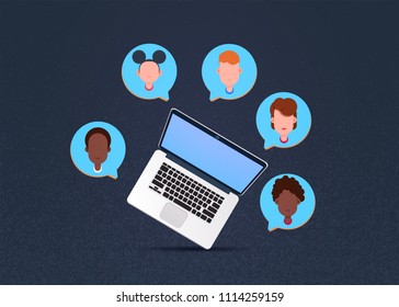 laptop mix race chat bubbles, support virtual assistance of website or mobile applications, data privacy concept flat