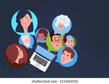laptop mix race chat bubbles, support virtual assistance of website or mobile applications, data privacy concept flat