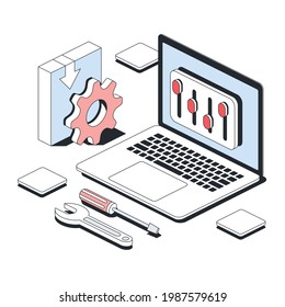 Laptop mixer settings, application installation, gear settings, tools. Vector 3d line isometric, color web icons, new flat style. Creative design idea for infographics.