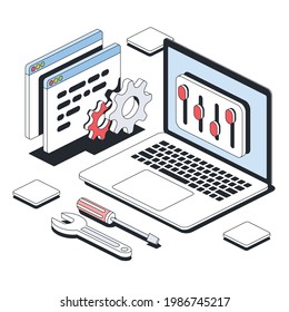 Laptop, mixer slides settings, wrench and screwdriver tools, program app, gears. Vector 3d line isometric, color web icons, new flat style. Creative design idea for infographics.