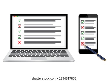 Laptop and mobile with checkboxes filled with check marks. Vector illustration isolated on white background. Online survey, checklist concept.