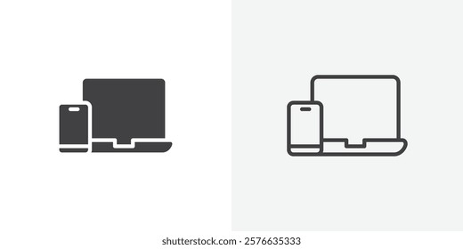 Laptop and Mobile icon set in black flat solid and outlined style.