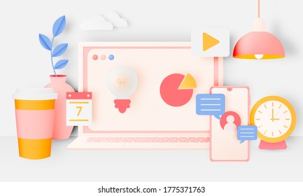 Laptop and mobile with icon for work from home  in paper art style with pastel color scheme background vector illustration