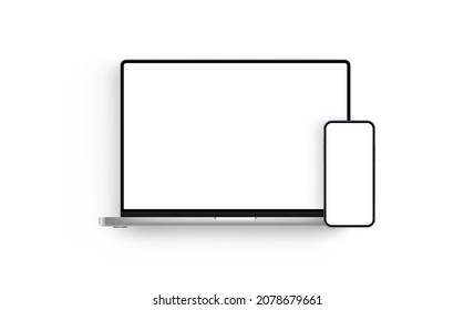 Laptop and Mobile Phone with Blank Screens, Isolated on White Background. Vector Illustration