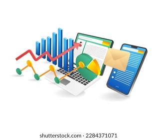 Laptop  mobile phone and business graph. Isometric vector illustration.