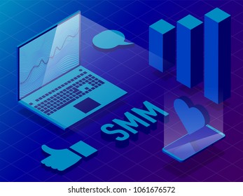 Laptop, mobile phone, graph, message icons, hearts, like. SMM. Promotion in social networks. 3D, isometrics. blue background