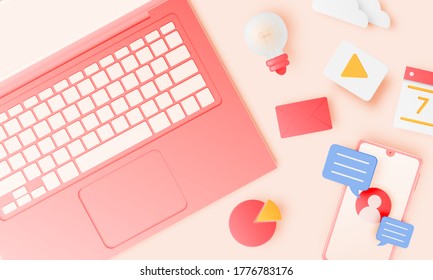 Laptop and mobile phone with icon for work from home  in paper art style with pastel color scheme background vector illustration