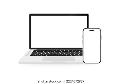 Laptop and mobile phone mockup on white isolated background. Vector illustration