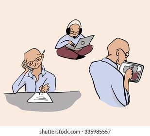 laptop mobile phone table new technology man illustration set
