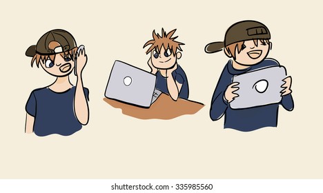 laptop mobile phone table new technology boy illustration set