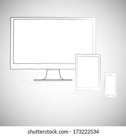 Laptop, mobile phone and tablet, electronic devices. Sketch vector illustration in doodle style